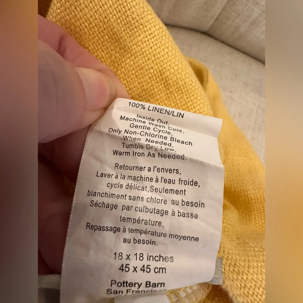 POTTERY BARN Pillow Cover TEXTURED 100% LINEN Big Button Butter Yellow 18 in